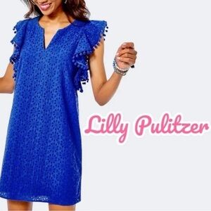 LILLY PULITZER, Astara Baha Blue Neon Sunburst Eyelet Dress, Size Small